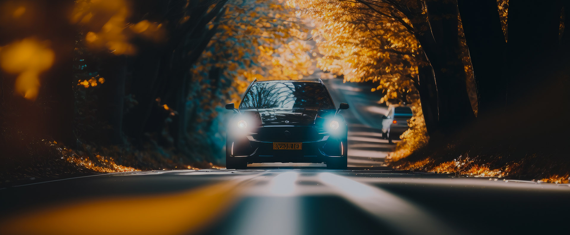Car Driving Down Road In The Middle Of An Autumn Forest. Generative Ai