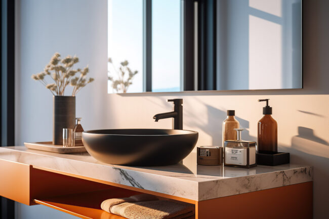 A Minimalist Bathroom Close Up Featuring A Mirror With An Illu